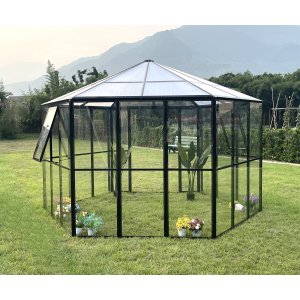 Växthus Miranda V.2 med härdat glas - Svart 9,0 m² + Växthusbord