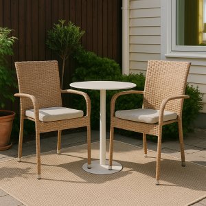 Majken stapelbar utestol med dyna - Naturfärgad konstrotting med beige sittdyna + Rengöringsspray för utemöbler