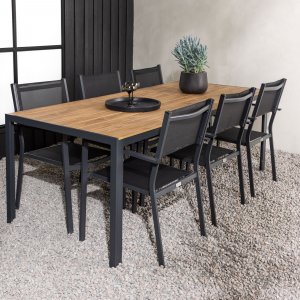 Chania matgrupp 6 st Copacabana stolar med matbord 205 x 90 cm - Svart/natur + Rengöringsspray för utemöbler