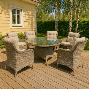 Trädgårdsgrupp - Florida | Ø150 cm - Naturfärgad rotting + Textilimpregnering för utemöbler