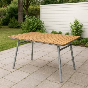 Möllan bord 120x80cm - Teak / Galvaniserat stål + Textilimpregnering för utemöbler