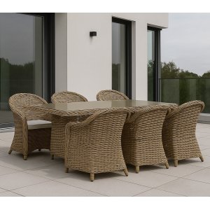 Utegrupp: 6 stolar och bord 200 x 100 cm rotting - Hampton/Mercury + Textilimpregnering för utemöbler