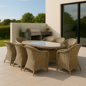 Matgrupp med 6 stolar och matbord 180 x 100 cm rotting - Menton/Mercury + Textilimpregnering för utemöbler