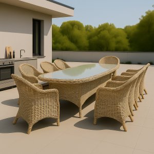 Utegrupp: 8 stolar och matbord 230 x 100 cm rotting - Menton/Mercury + Textilimpregnering för utemöbler