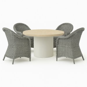 Merca matgrupp: Runt bord + 4 st grå Mercury fåtöljer grå konstrotting + Textilimpregnering för utemöbler