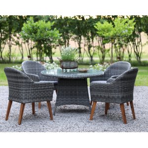 Jacksonville utematgrupp 110 cm runt bord inkl 4 st Valetta fåtöljer grå konstrotting + Rengöringsspray för utemöbler