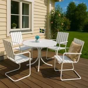 Matgrupp - Vaxholm i fjäderstål | Vit + Rengöringsspray för utemöbler